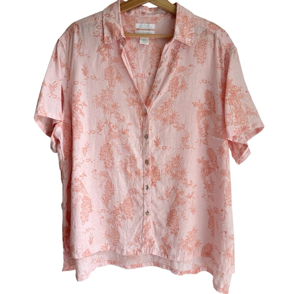 Cynthia Rowley Boxy Linen V-neck Button Up Top Peach Pink Toile Floral Size 1X